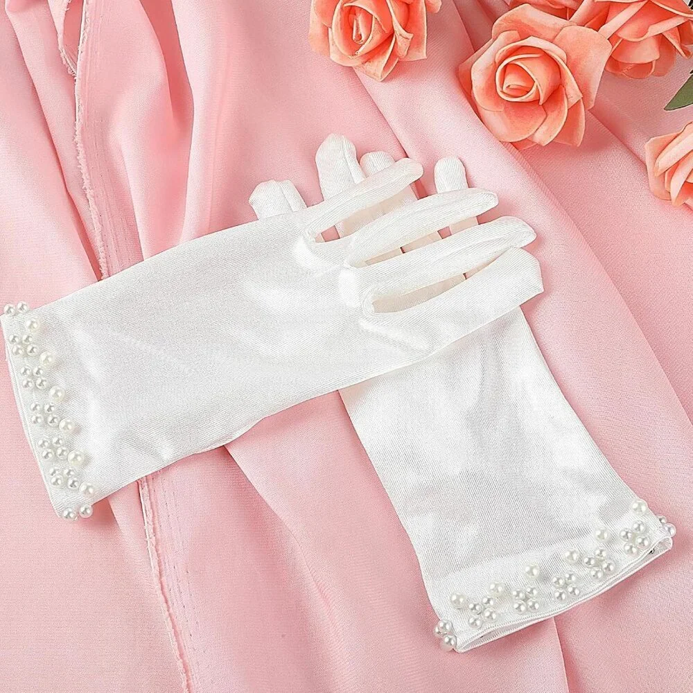 Women's White Elegant Fashion Pearl Fabric Satin Gloves Wedding Party Tea Prom